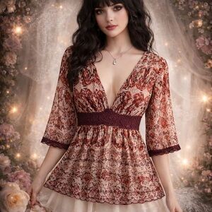 Cabi Boho Abstract Women’s Sheer Silk Babydoll Top Blouse Fairycore Y2K 90s Ikat